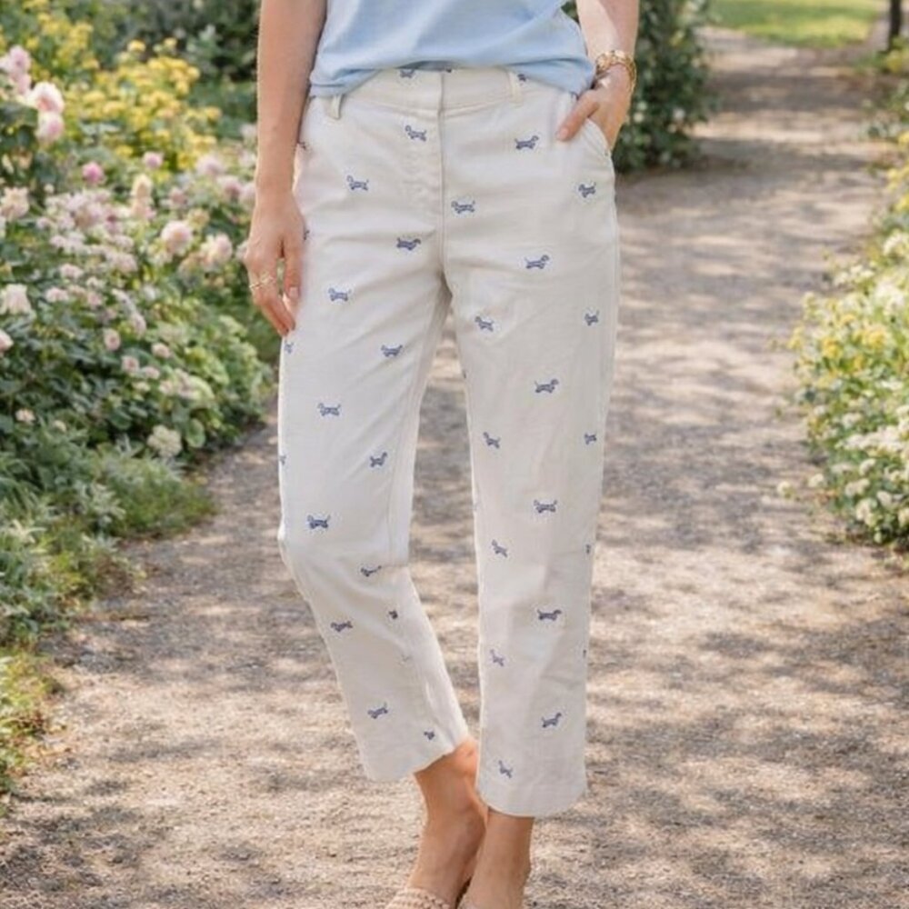 Talbots Women's White Ankle Pants with Blue Dog Embroidery Size 8